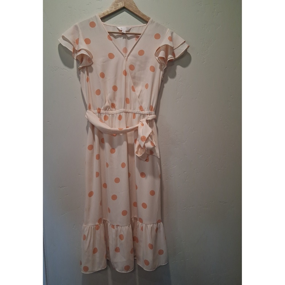LC Lauren Conrad Size M Wrap Dress Pastel Peach Polka Dot Chiffon Belted Midi